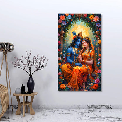 radha krishna floral canvas painting frame flower arch wall decor for living room