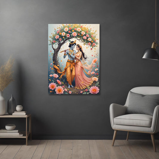 Radha Krishna floral canvas painting frame romantic wall decor for living room