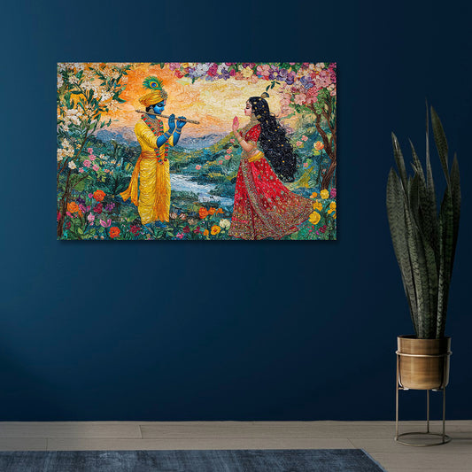 radha krishna floral garden canvas painting frame wall decor for living room