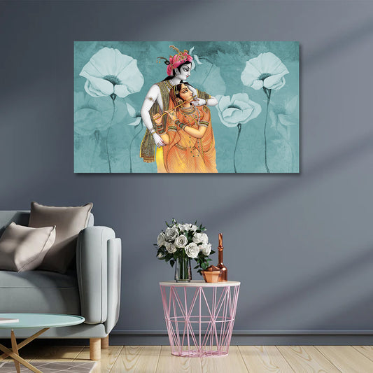 radha krishna pastel floral canvas painting frame horizontal wall decor living room