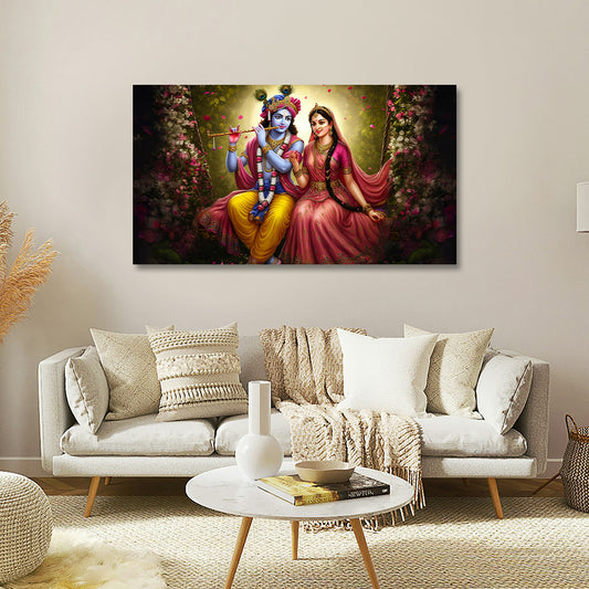 radha krishna floral swing canvas painting frame wall decor for living room