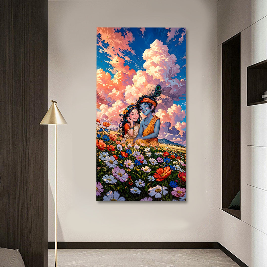 radha krishna flower field canvas painting frame landscape wall decor for living room