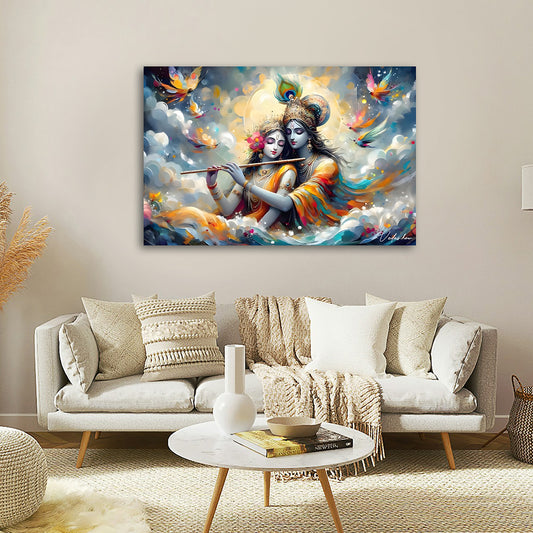 Radha Krishna flute wall painting romantic spiritual canvas art for home decor
