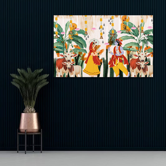 radha krishna folk art canvas painting frame wall decor for living room