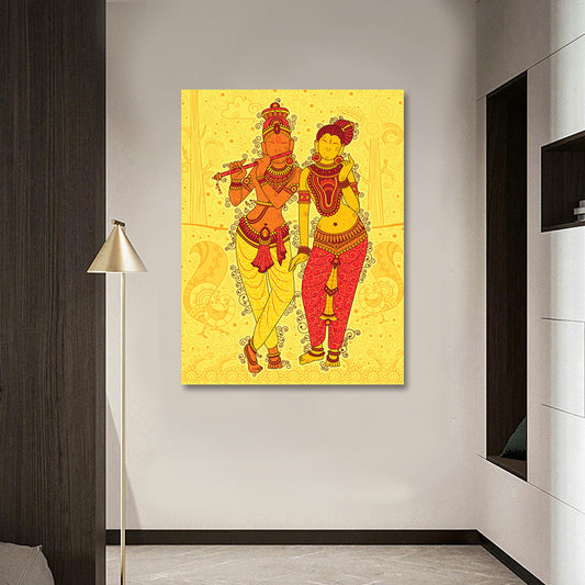 radha krishna folk art canvas painting yellow orange wall decor for living room