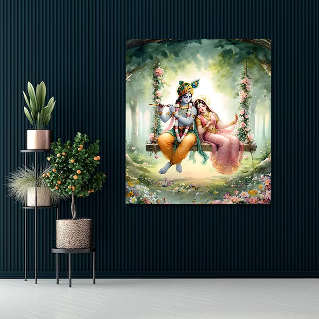 Radha Krishna garden swing canvas painting frame floral jhula painting on canvas wall decor for living room canvas wall arts decor.