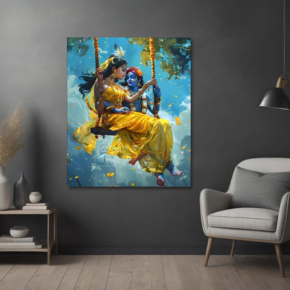Radha Krishna golden swing canvas painting frame divine jhula painting on canvas wall decor for living room canvas wall arts decor.