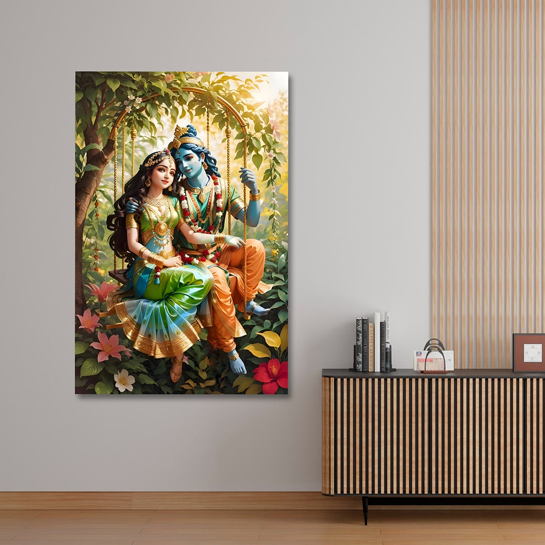 Radha Krishna swing canvas painting frame divine jhula painting on canvas wall decor for living room canvas wall arts decor.
