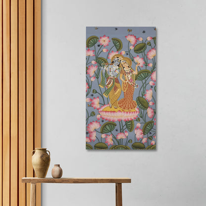 Radha Krishna lotus garden canvas painting frame vertical wall decor for living room