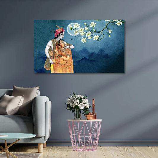 radha krishna moonlight floral canvas painting frame night wall decor living room