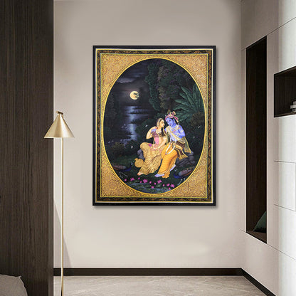 Radha Krishna moonlight gold frame canvas painting elegant wall decor for living room