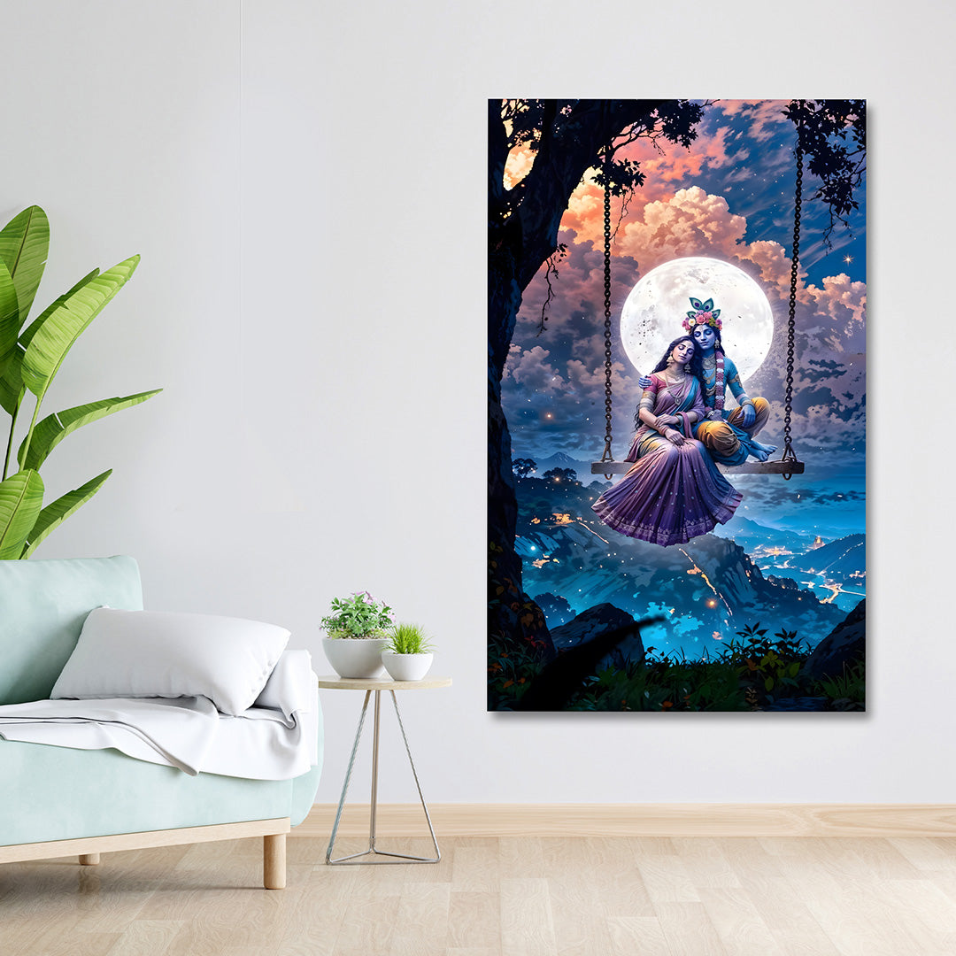 Radha Krishna moonlight swing canvas painting frame night sky painting on canvas wall decor for living room canvas wall arts decor.