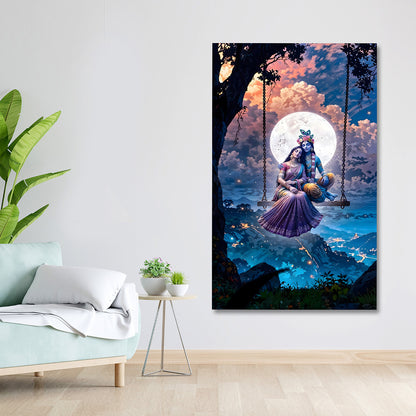 Radha Krishna moonlight swing canvas painting frame night sky painting on canvas wall decor for living room canvas wall arts decor.