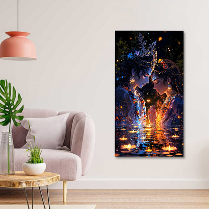 radha krishna night canvas painting frame reflection diya lights wall decor living room