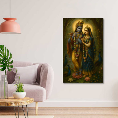 Radha Krishna with peacock garden canvas painting frame spiritual wall decor for living room