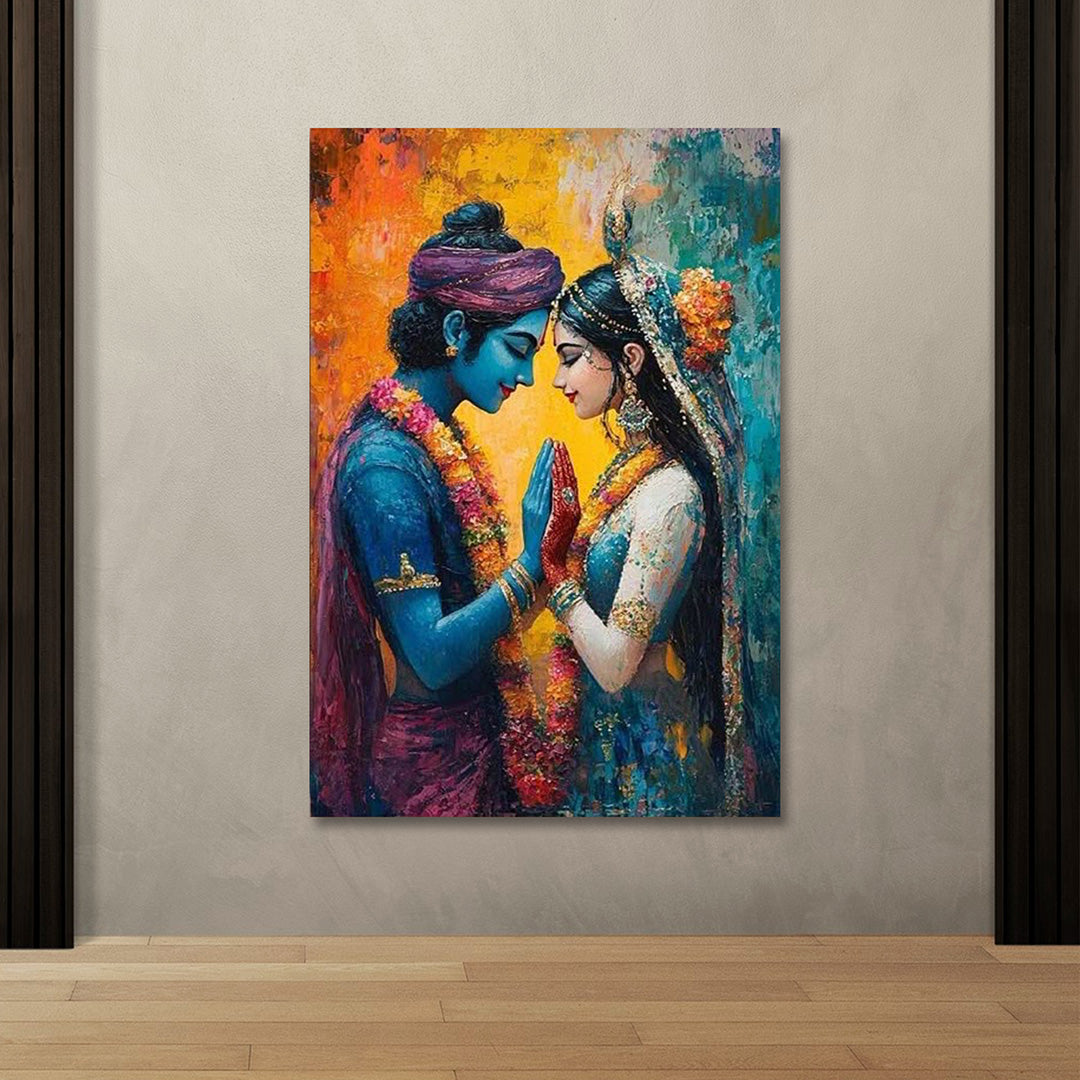 Radha Krishna romantic canvas wall painting with vibrant spiritual devotional artwork for living room decor