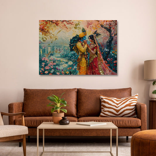 radha krishna romantic garden canvas painting frame horizontal wall decor living room