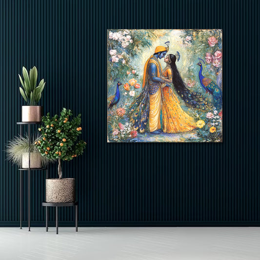radha krishna romantic peacock floral canvas painting frame wall decor living room