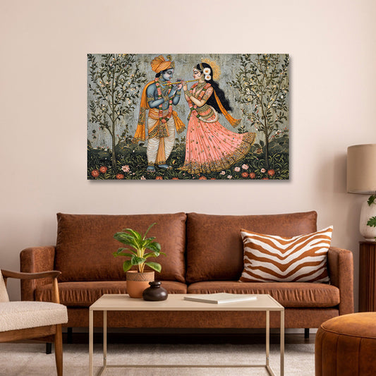 radha krishna traditional folk art canvas painting frame horizontal wall decor