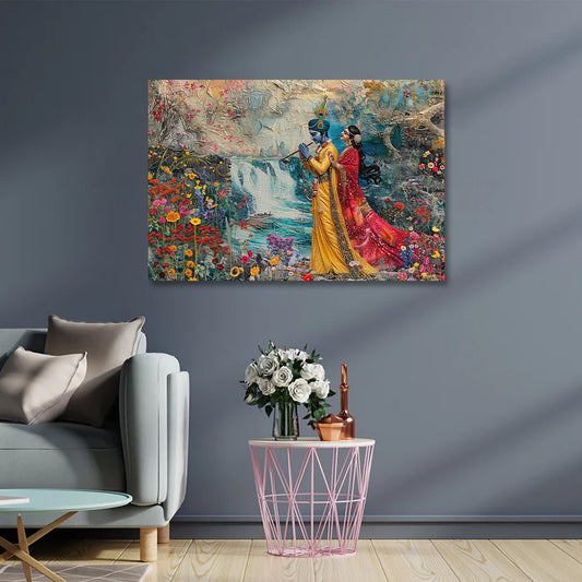 radha krishna waterfall canvas painting frame wall decor for living room