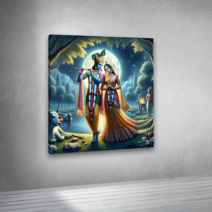 radha krishna flute night scene canvas wall art painting frame spiritual decor