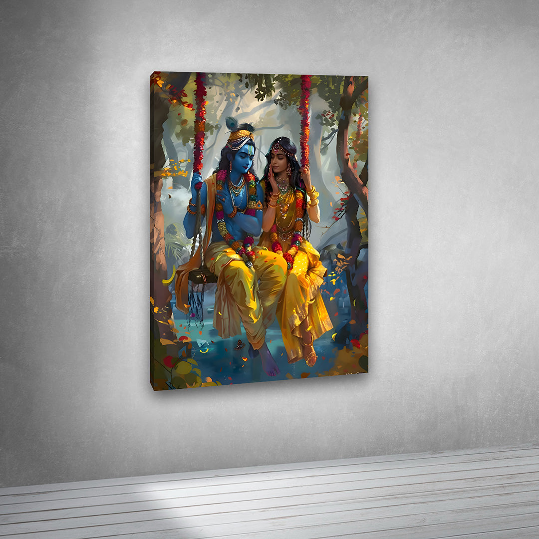 radha krishna swing painting canvas wall art yellow theme large size spiritual frame decor