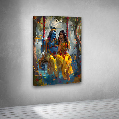 radha krishna swing painting canvas wall art yellow theme large size spiritual frame decor