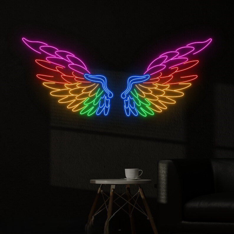 Rainbow angel wings neon sign board multicolor LED wall decor