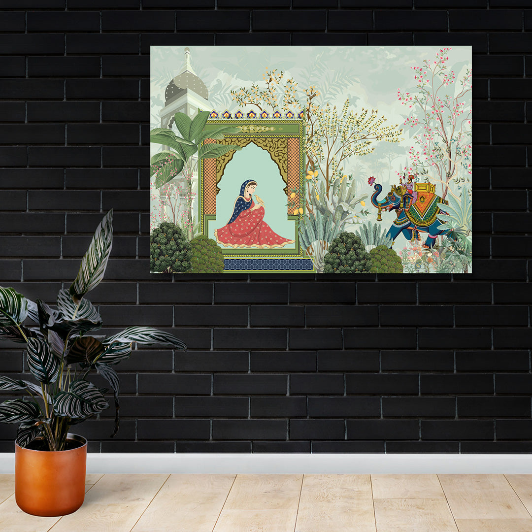 rajasthani palace lady elephant canvas painting frame wall decor for living room