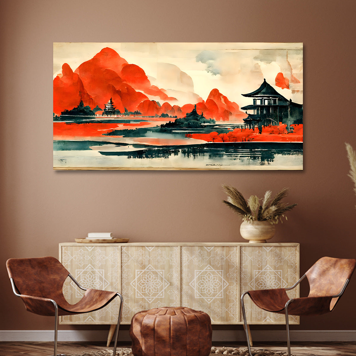Red mountain Asian landscape canvas wall art with temple and lake reflection