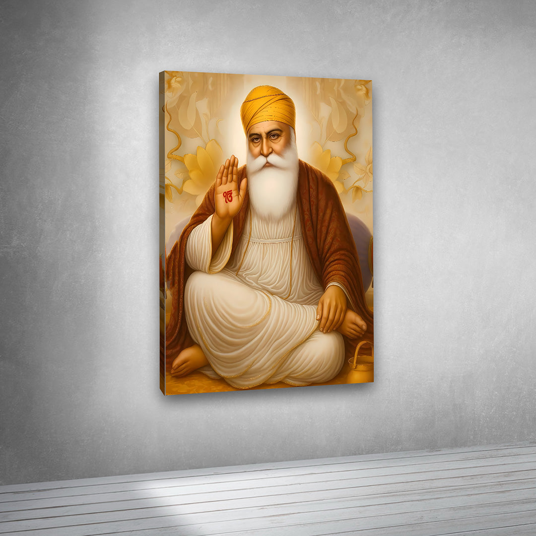 religious canvas painting frame Guru Nanak portrait blessing pose wall decor