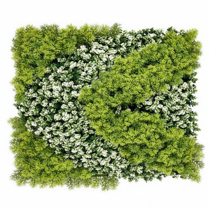 Decorative artificial vertical garden panel featuring white floral accents and premium mixed foliage