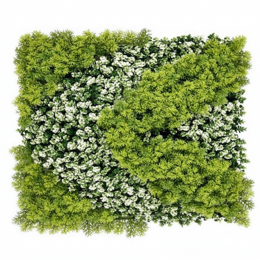 Decorative artificial vertical garden panel featuring white floral accents and premium mixed foliage