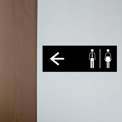 Restroom directional sign with arrow and male female icons for wayfinding
