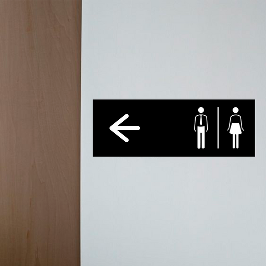 Restroom directional sign with arrow and male female icons for wayfinding
