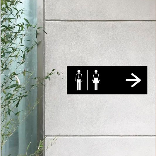 Restroom directional sign with right arrow and male female icons for wayfinding
