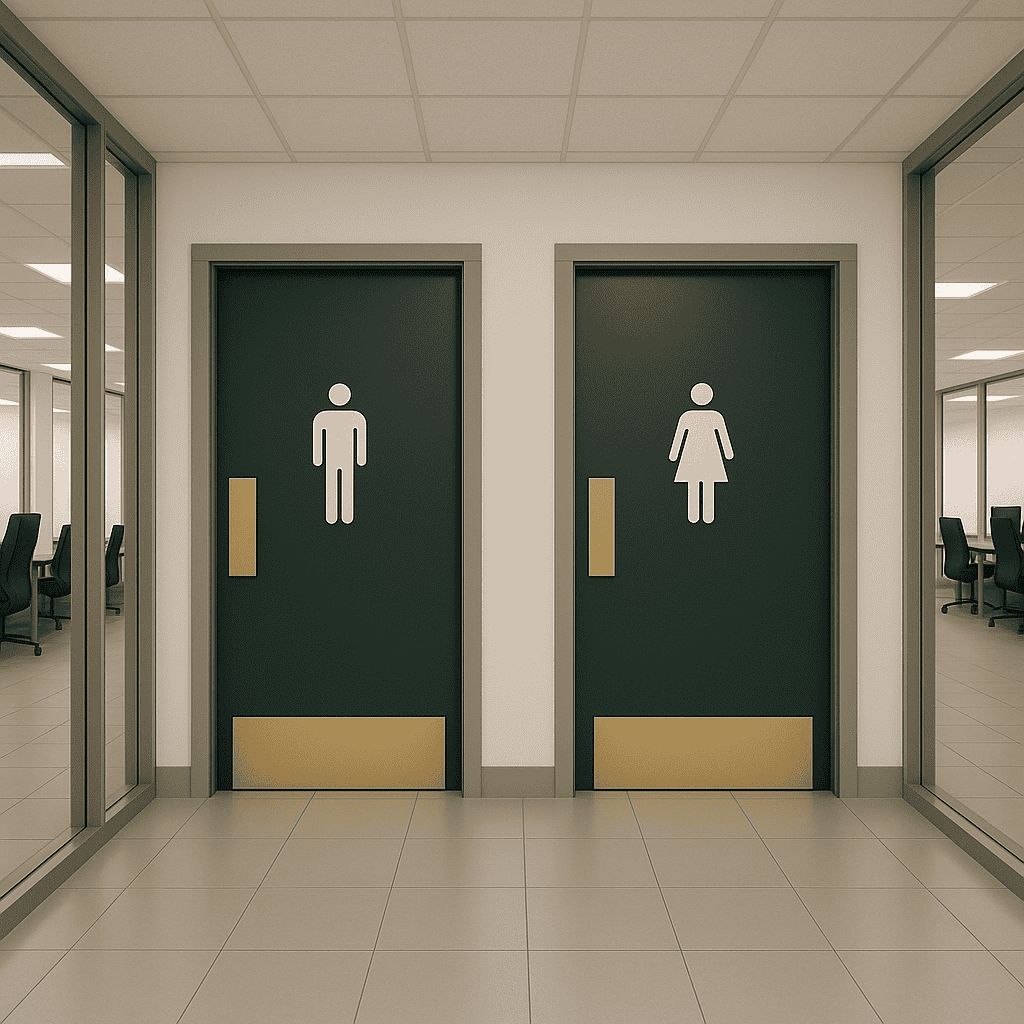 Modern restroom door signs with men and women icons in office space
