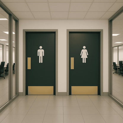 Modern restroom door signs with men and women icons in office space
