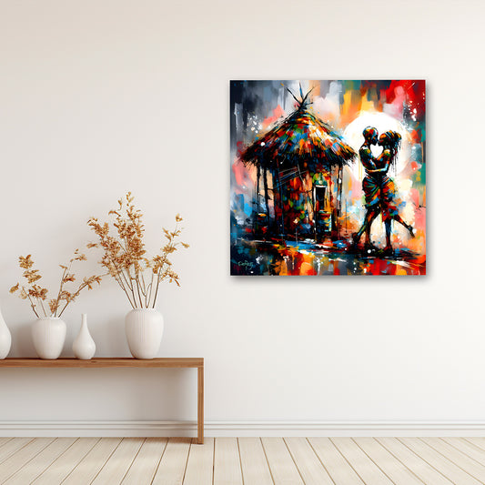 Romantic couple wall painting colorful love canvas art with hut scene for living room
