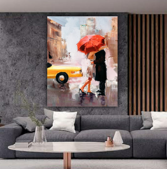 modern urban wall art featuring couple walking in rainy street