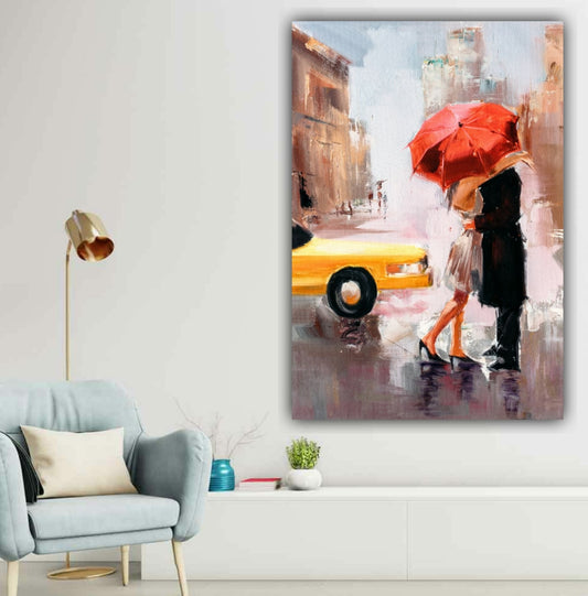 vertical modern wall art featuring couple walking under umbrella