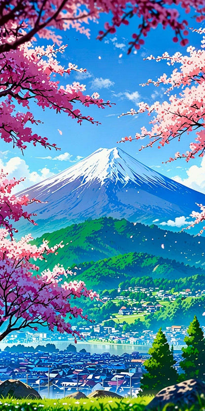 3D Cherry Blossom Mountain Sky Ceiling Design with Snowy Peaks for Luxury Interiors