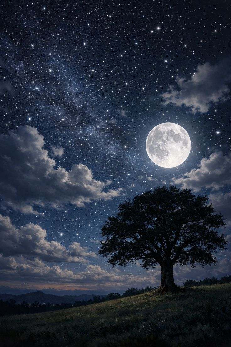 Moonlit Night Sky Ceiling Wallpaper with Full Moon and Silhouette Tree for Luxury Interiors