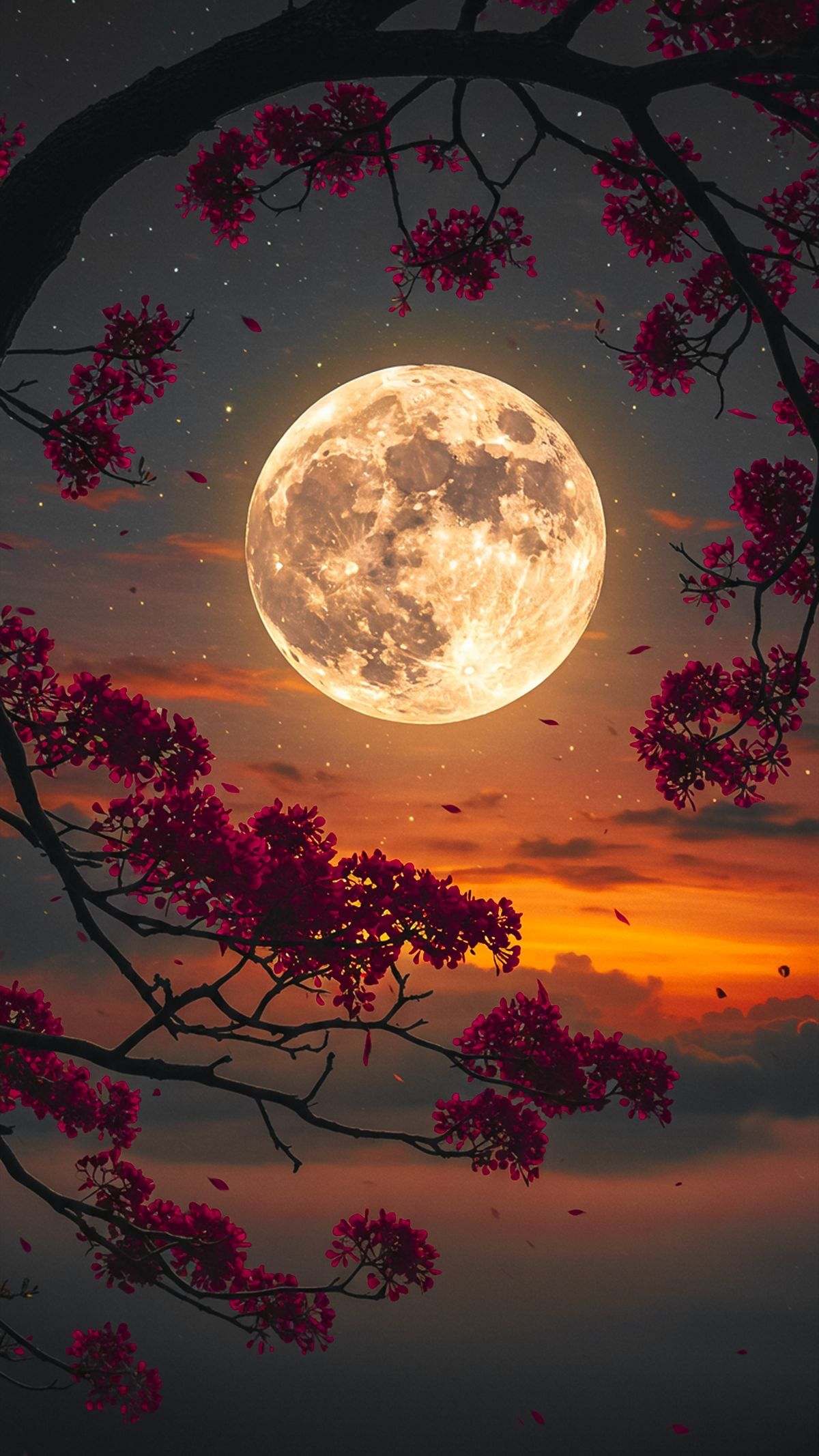 Moonlit Sunset Sky Ceiling Wallpaper with Golden Full Moon and Cherry Blossom Tree for Luxury Interiors