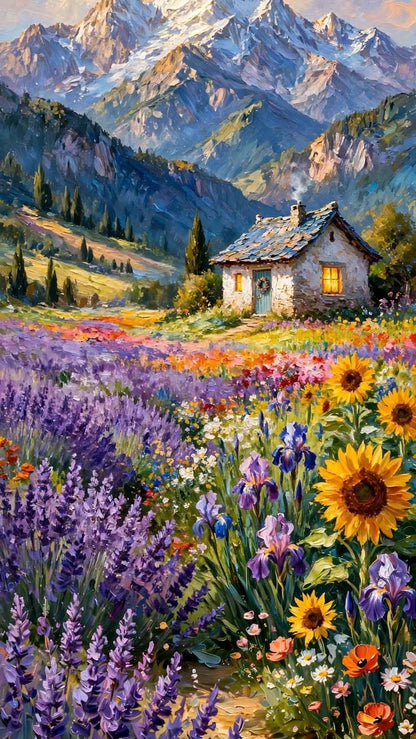 Mountain Meadow 3D Sky Ceiling Wallpaper with Alpine Wildflowers and Scenic Cottage for Luxury Interiors