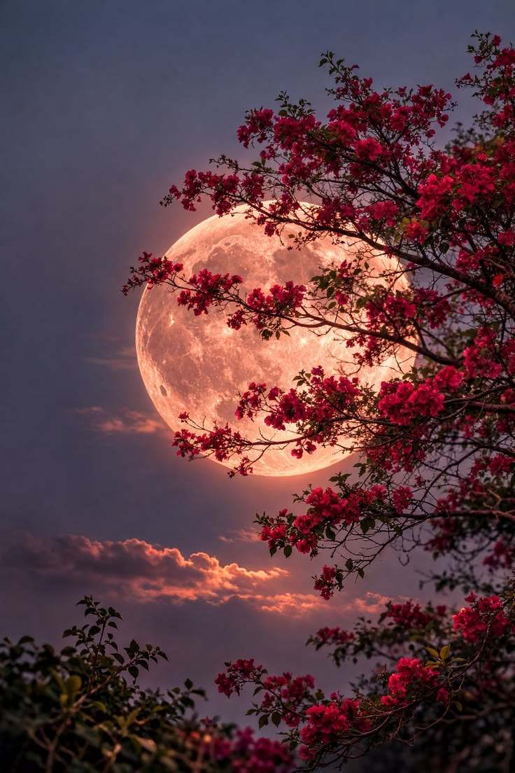 Moonlit Cherry Blossom 3D Ceiling Mural – Full Moon Night Sky Ceiling Art for Luxury Interiors