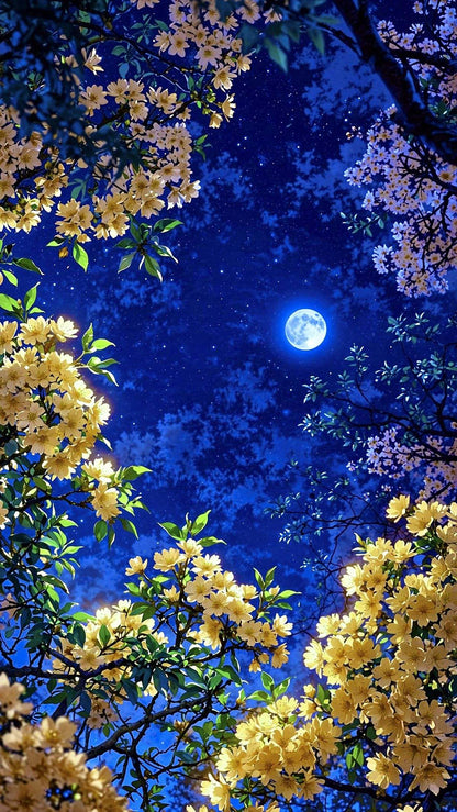 3D Night Sky Ceiling Design with Moon and Flowering Trees for Living Room & Bedroom