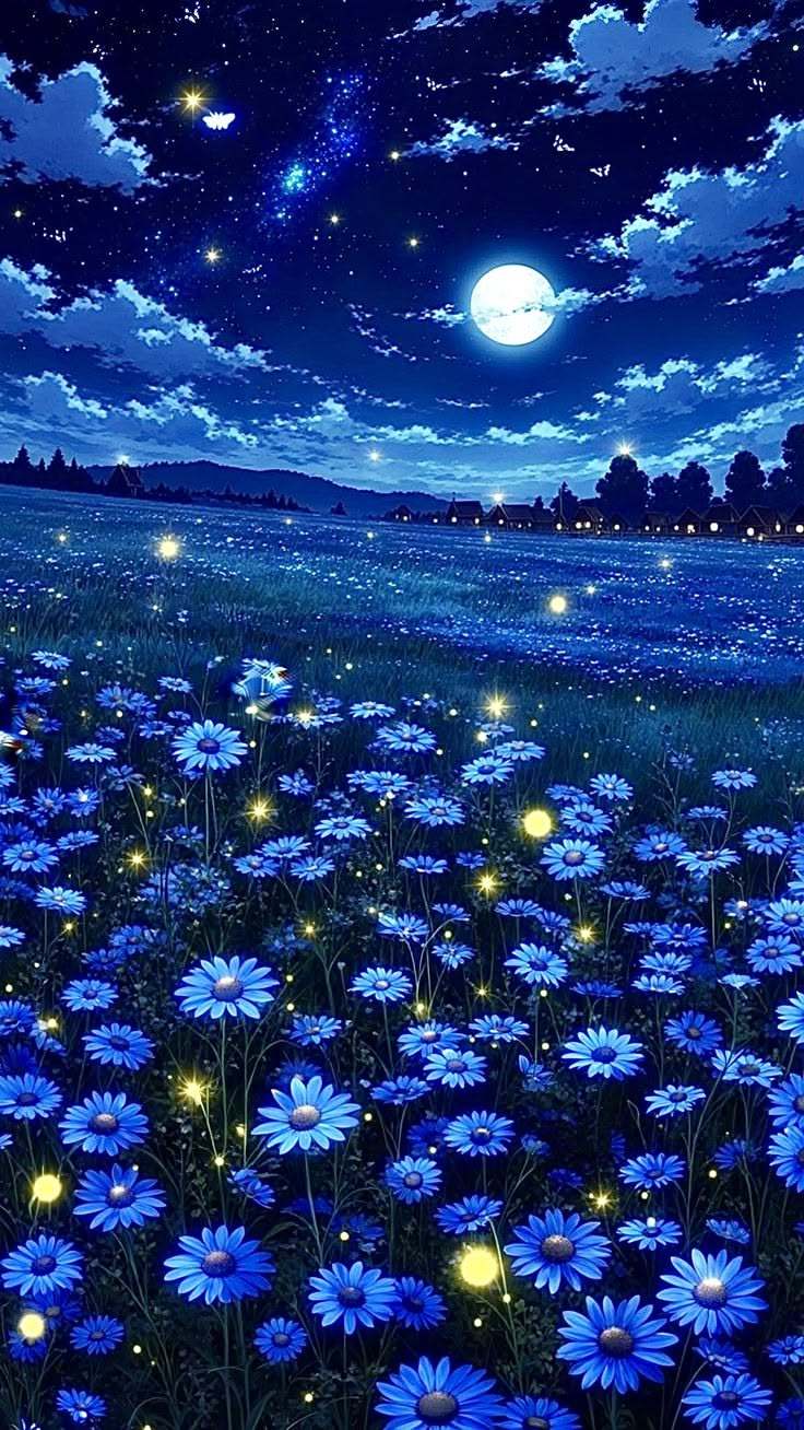 3D Starry Night Sky Ceiling Wallpaper with Moonlit Lake and Glowing Flowers for Interiors