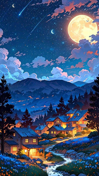 3D Moonlit Mountain Village Ceiling Wallpaper with Starry Sky and Glowing Cottage View