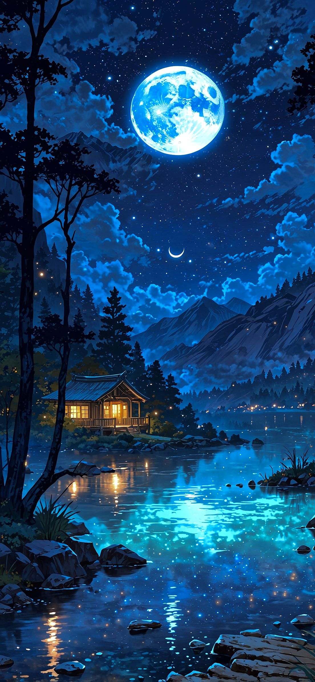3D Moonlit Lake Ceiling Wallpaper with Glowing Moon, Starry Night Sky and Cabin View